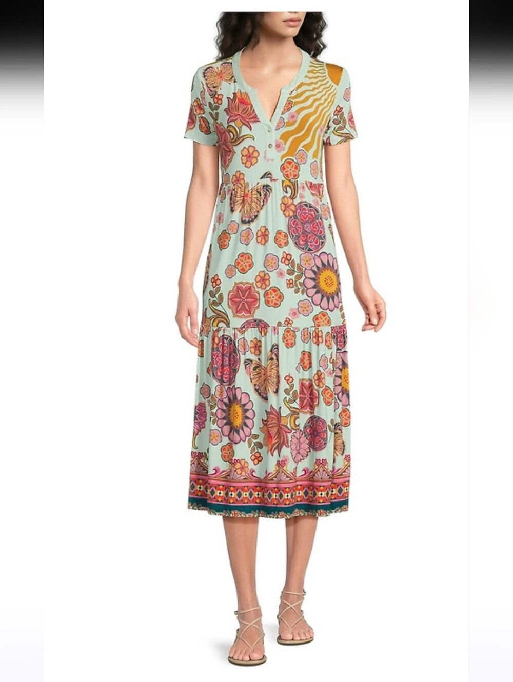 JOHNNY WAS Endora Scarf Print Split V-Neck Short Sleeve Tiere Dress